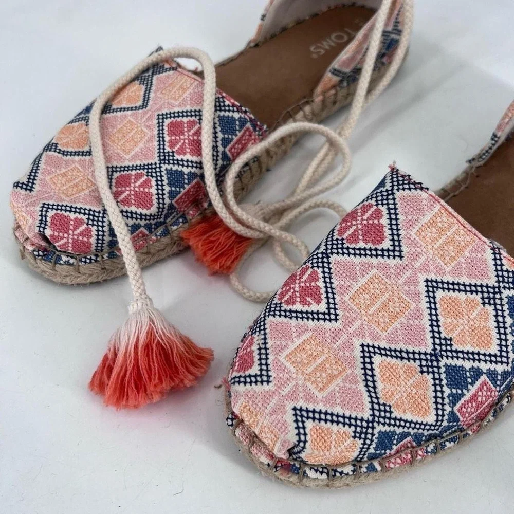 TOMS Katalina Espadrille Flats 6.5 Ankle Tie‎ Embroidered Boho
